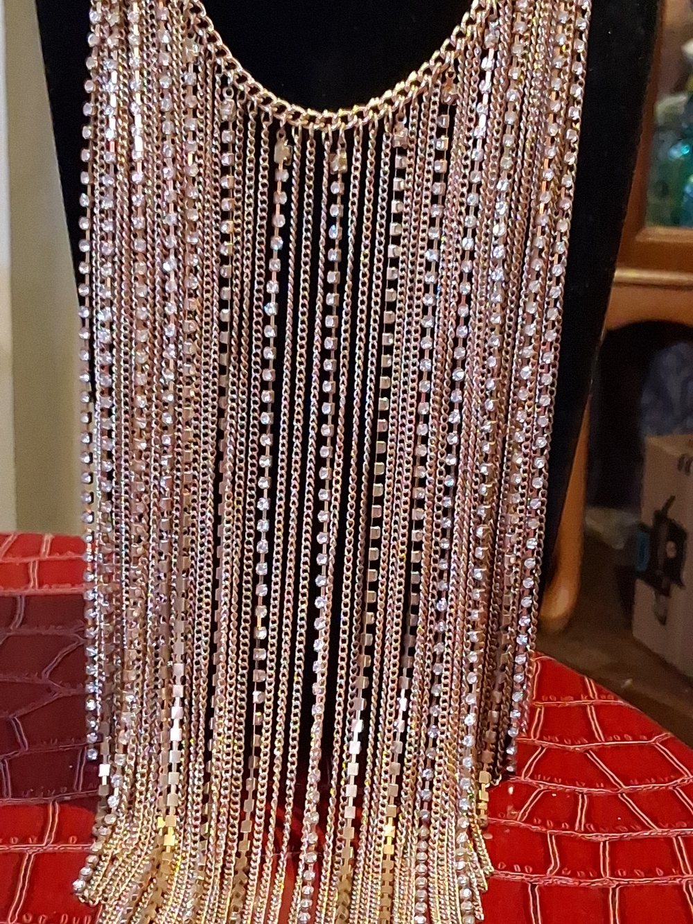 Paparazzi Zi Collection "The Ramee" Gold Fringe Bib Necklace Rhinestone Waterfal
